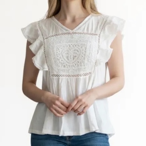 Lucky Brand Tops - NWT LUCKY BRAND Short Flutter Sleeve Open Stitch Trim Cotton Top Size Large